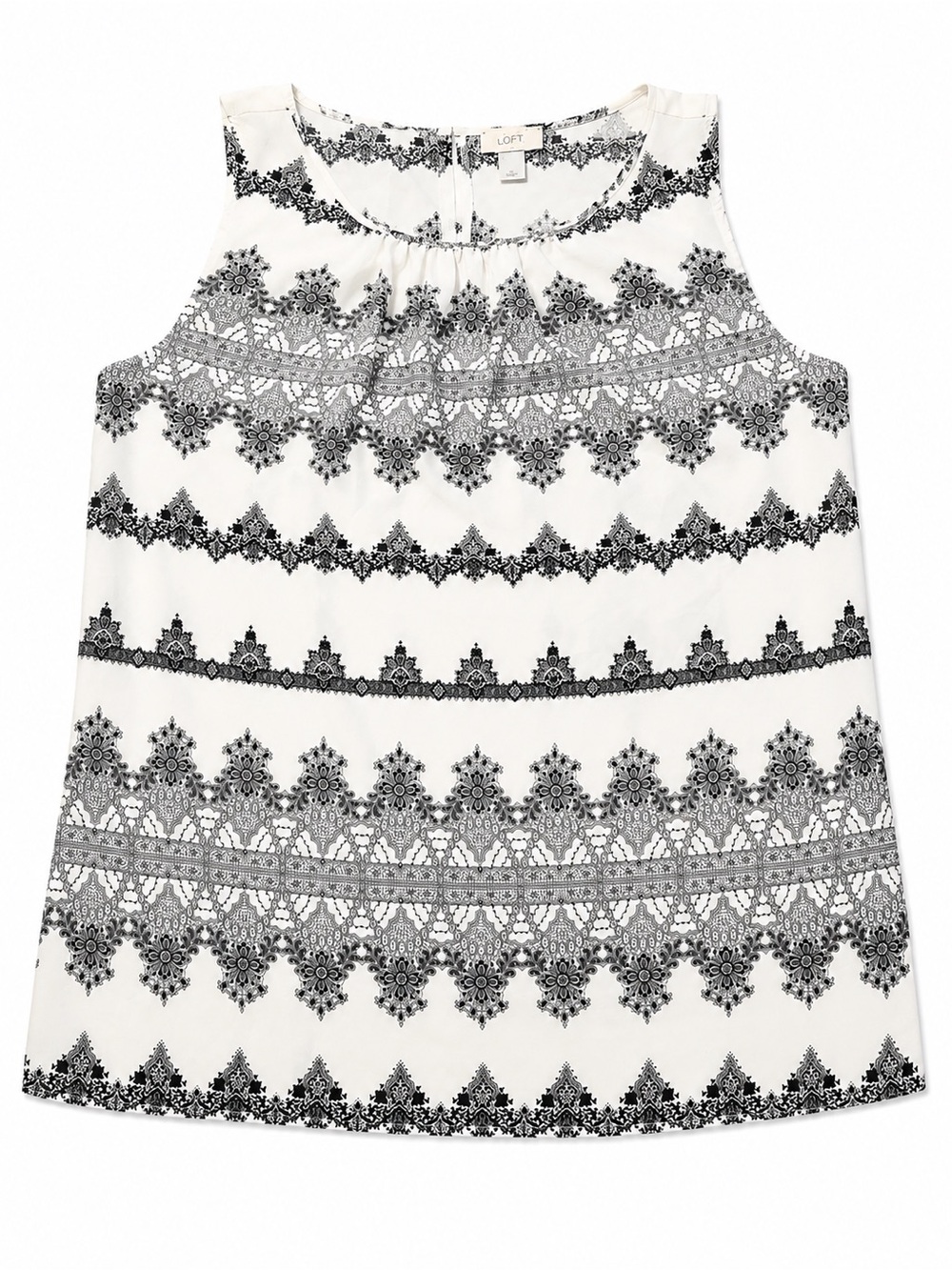 LOFT White Sleeveless Tank with Black Lace-Print Large